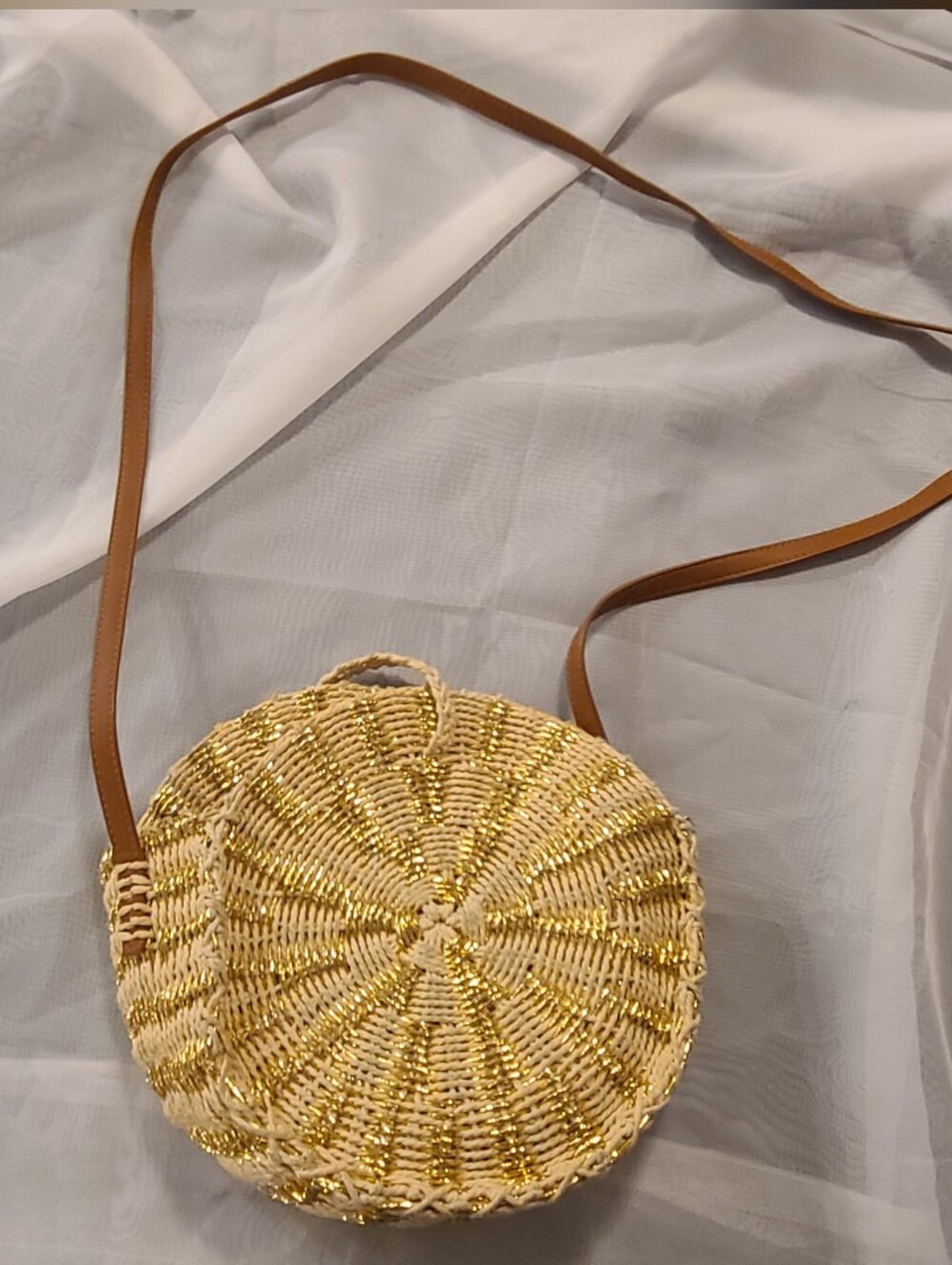 American Eagle Outfitters Woven Gold and Tan Round Crossbody Bag